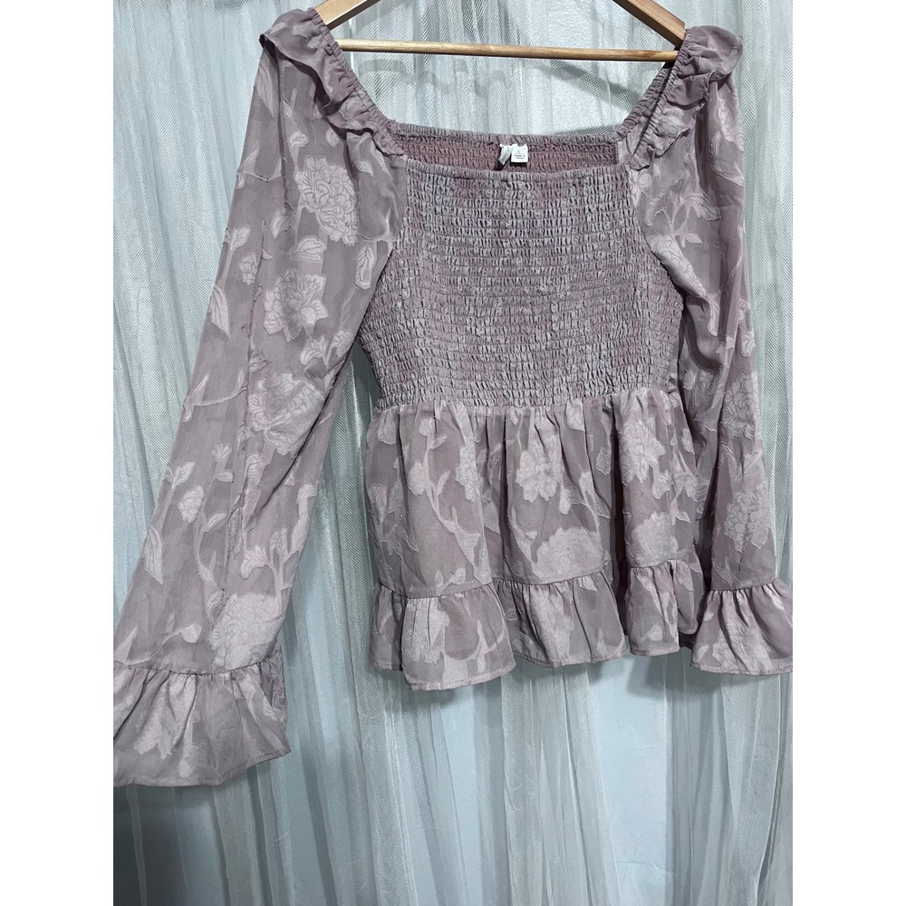Cato Womens Large Mauve Floral Burnout Smocked Peplum Blouse FairySleeve Ruffle